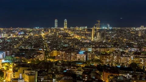 Panoramic view of Barcelona at night, time lapse video. Stock Footage 135937657