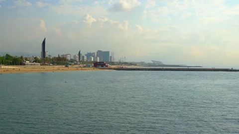 Panoramic view of Barcelona seafront in the early morning. City Beach Stock Footage 113499576