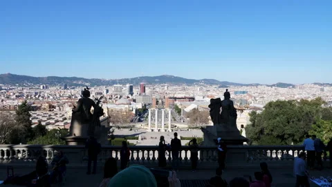 Panoramic view of Barcelona, Spain from high point garden on a sunny day Stock-Footage 133582178