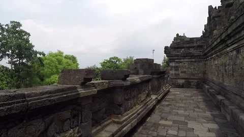 Panoramic View, Bas Reliefs, Borobudur Temple Terrace, Java, Indonesia Stockbeeldmateriaal 242758289