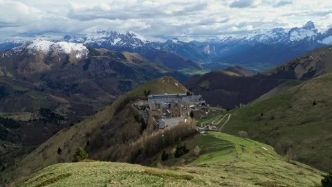 Panoramic view of the Basilica of Our Lady of La Salette in the French Alps Stock Footage 312236542