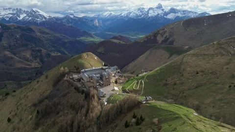 Panoramic view of the Basilica of Our Lady of La Salette in the French Alps Stock Footage 312236647