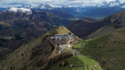 Panoramic view of the Basilica of Our Lady of La Salette in the French Alps Stock Footage 312236754