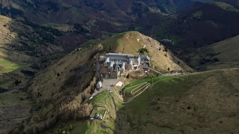 Panoramic view of the Basilica of Our Lady of La Salette in the French Alps Stock Footage 312236755