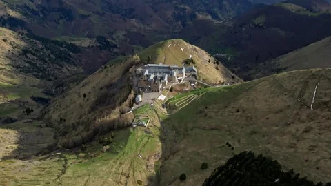 Panoramic view of the Basilica of Our Lady of La Salette in the French Alps Stock Footage 312236775