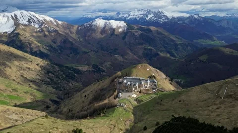 Panoramic view of the Basilica of Our Lady of La Salette in the French Alps Stock Footage 312236800