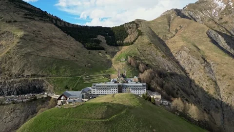 Panoramic view of the Basilica of Our Lady of La Salette in the French Alps Stock Footage 312236893