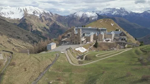 Panoramic view of the Basilica of Our Lady of La Salette in the French Alps Stock Footage 312237033