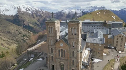 Panoramic view of the Basilica of Our Lady of La Salette in the French Alps Stock Footage 312237212