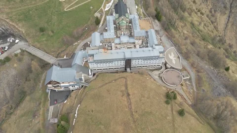 Panoramic view of the Basilica of Our Lady of La Salette in the French Alps Stock Footage 312237254