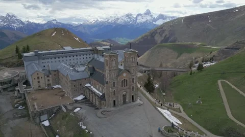 Panoramic view of the Basilica of Our Lady of La Salette in the French Alps Stock Footage 312237277