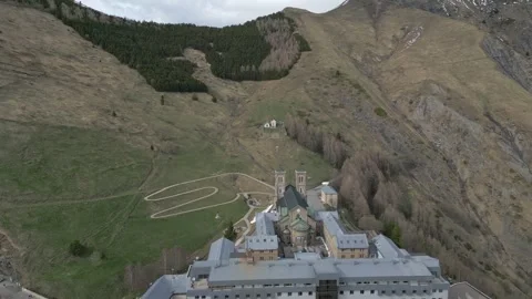 Panoramic view of the Basilica of Our Lady of La Salette in the French Alps Stock Footage 312237296