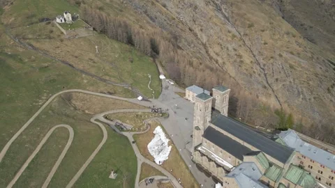 Panoramic view of the Basilica of Our Lady of La Salette in the French Alps Stock Footage 312237353