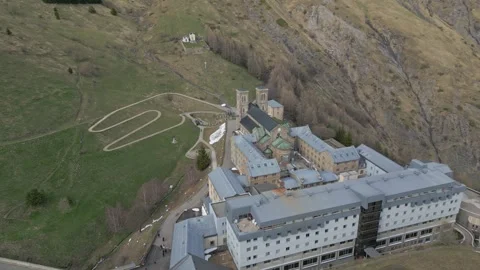 Panoramic view of the Basilica of Our Lady of La Salette in the French Alps Stock Footage 312237387