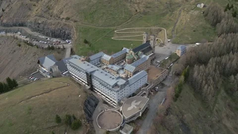 Panoramic view of the Basilica of Our Lady of La Salette in the French Alps Stock Footage 312237426
