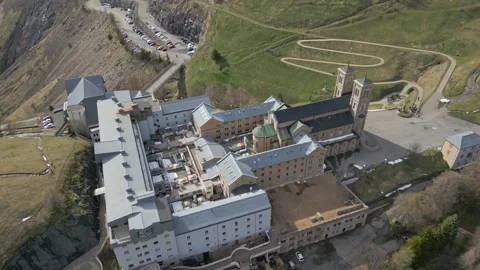 Panoramic view of the Basilica of Our Lady of La Salette in the French Alps Stock Footage 312237460