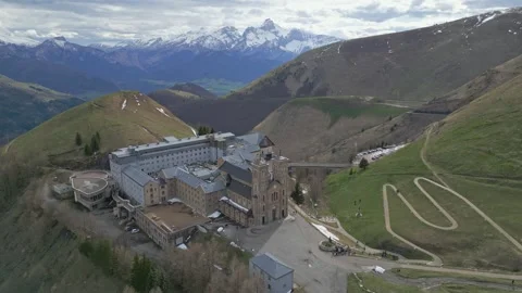Panoramic view of the Basilica of Our Lady of La Salette in the French Alps Stock Footage 312237461