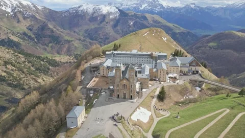 Panoramic view of the Basilica of Our Lady of La Salette in the French Alps Stock Footage 312237664
