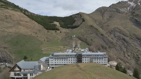 Panoramic view of the Basilica of Our Lady of La Salette in the French Alps Stock Footage 312237676