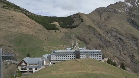 Panoramic view of the Basilica of Our Lady of La Salette in the French Alps Stock Footage 312237727