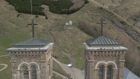 Panoramic view of the Basilica of Our Lady of La Salette in the French Alps Stock Footage 312237761