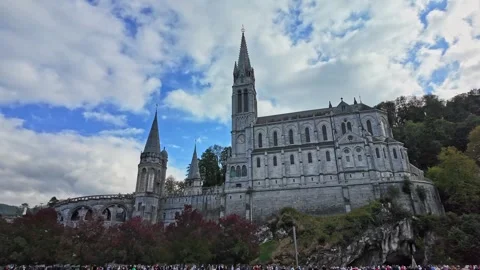 Panoramic view of the Basilicas in the Sanctuary of Lourdes, France. Stock Footage 321309792