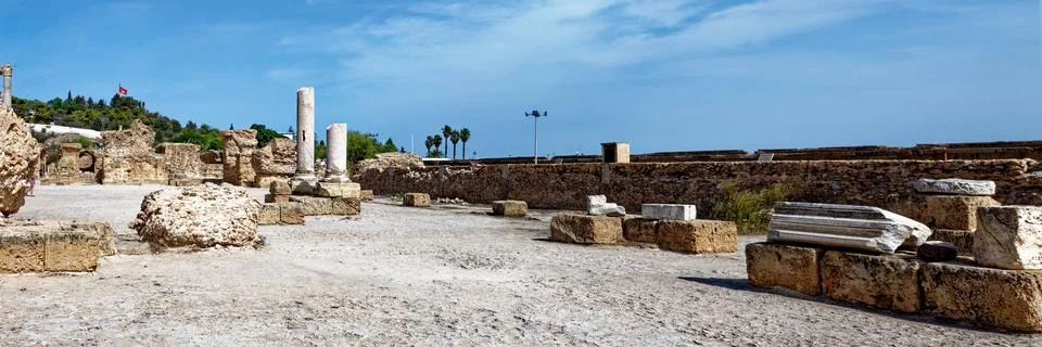Panoramic View of the Baths of Antoninus Archaeological Ruins in Carthage Stock Photos