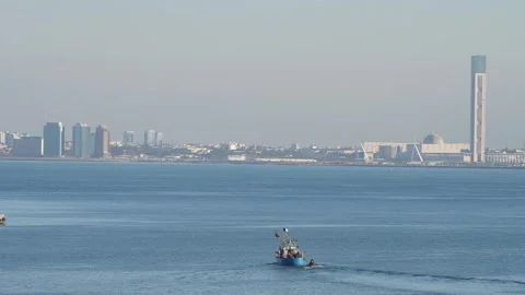 Panoramic view of the Bay of Algiers with a fishing boat . Stock Footage 341261787