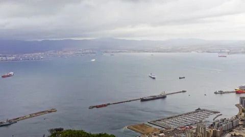 Panoramic view of the bay of Cadiz from the top of the Rock of Gibraltar on a Stock Footage 228776058