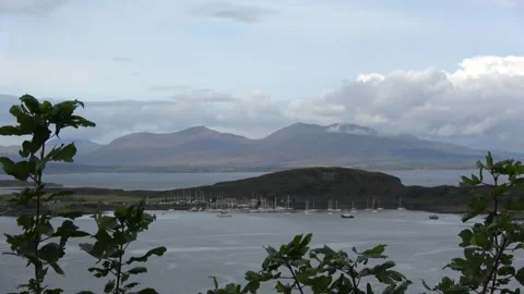 Panoramic view  of bay, harbour and islands near Oban, Scotland Stock Footage 293080760