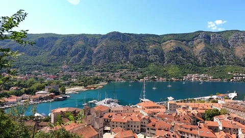 A panoramic view of the Bay of Kotor and the old town of Kotor Stockbeeldmateriaal 161020922
