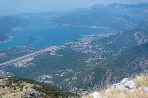 Panoramic view of the Bay of Kotor and Tivat Airport runway in Montenegro Stock Photos
