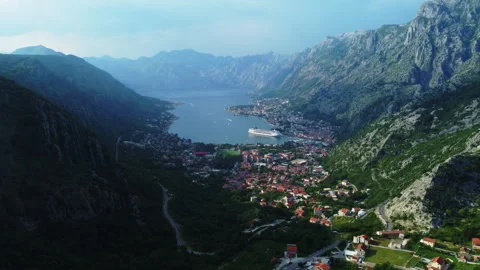 Panoramic view of the Bay of Kotor from the mountain. Clear sunny day. Stock Footage 303538756