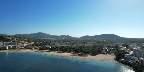 Panoramic view of bay Majorca: Santa Ponsa, sandy beach, aerial view Stock Footage 346289403