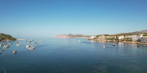 Panoramic view of bay Majorca, Spain Europe: Santa Ponsa, ships aerial Stock Footage 346289829
