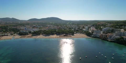 Panoramic view of the bay Majorca Spain Europe Santa Ponsa, sandy beach aerial Stock Footage 346289911