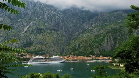Panoramic view bay of town Kotor, Montenegro. Cruise ship. Hillside Video stock 259790548