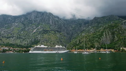 Panoramic view bay of town Kotor, Montenegro. Cruise ship. Hillside Stock-Footage 259790572