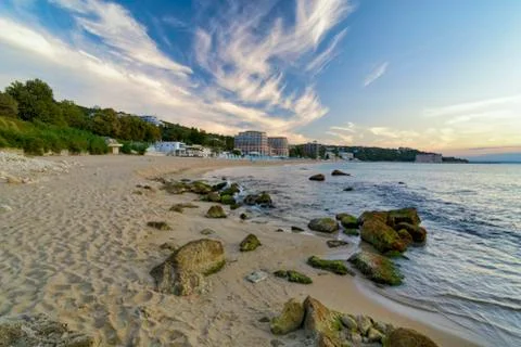 Panoramic view of the Beach and blue sky , hotel in the background , VArna, B Stock Photos