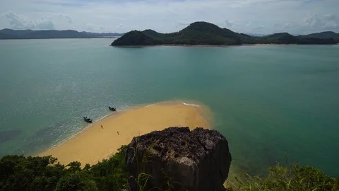 Panoramic view on the beach and mountains from the top of the cliff. Stock Footage 80921339
