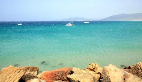 Panoramic view of the beach and ocean in tarifa spain 스톡 사진