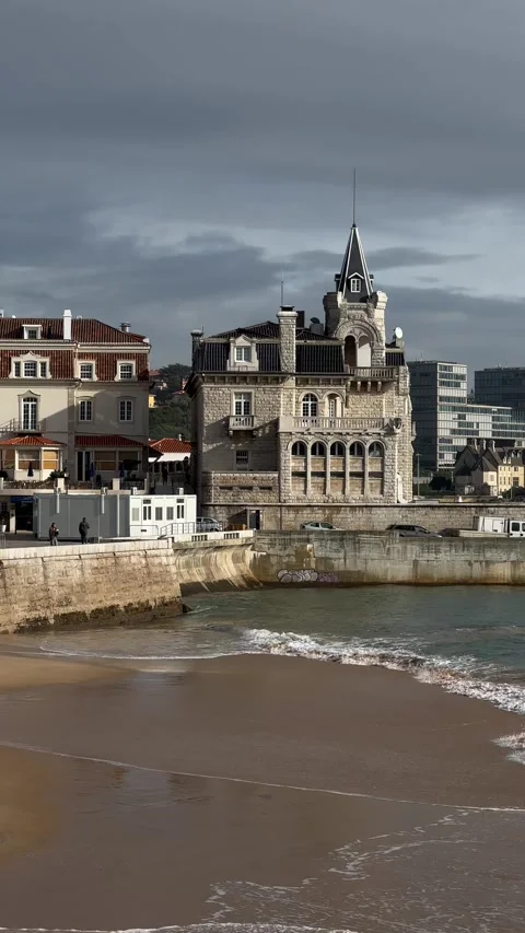 Panoramic view of beach and Palacio Seixas in Cascais, Portugal. Vertical Stock Footage 241023744