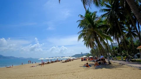 Panoramic view beach, chairs and umbrellas. Nha Trang city, Vietnam Stock Footage 101359236