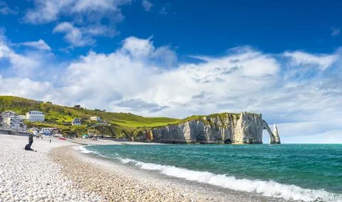 Panoramic view of the beach of Etretat in Normandy, a popular french seaside Stock Photos