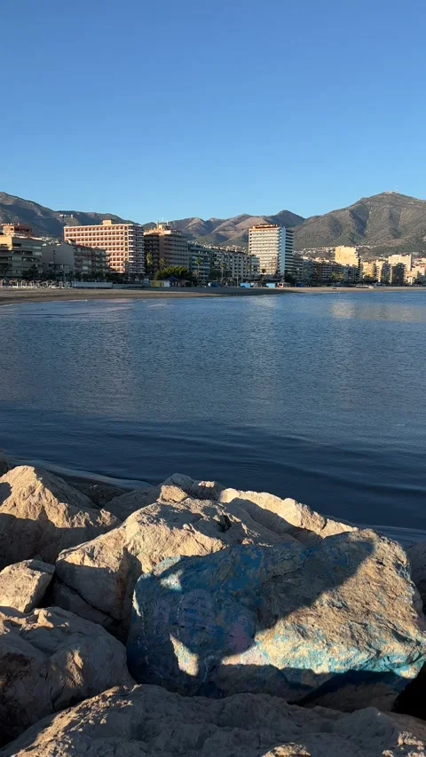 Panoramic view of beach in Fuengirola, Malaga, Spain. Vertical video Stock Footage 240920754
