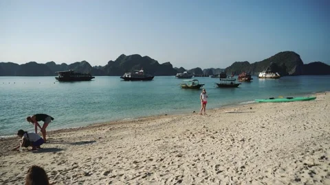 Panoramic view from the beach Of Halong Bay Vietnam Stock Footage 132167557