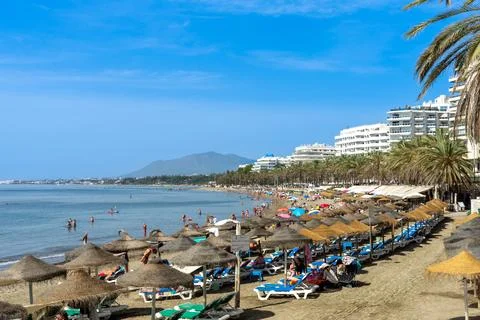 Panoramic view of beach in Marbella, Spain Stock Photos