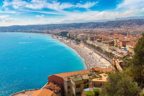 Panoramic view of beach in Nice Stock Photos