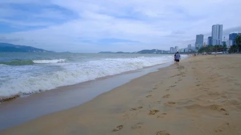 Panoramic view beach, palm, turquoise sea. Nha Trang, Vietnam Stock Footage 101419006