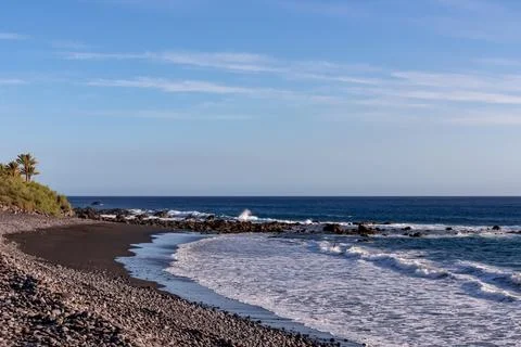 Panoramic view on the beach Playa Valle Gran Rey seen from Promenade de Pla.. Stock Photos